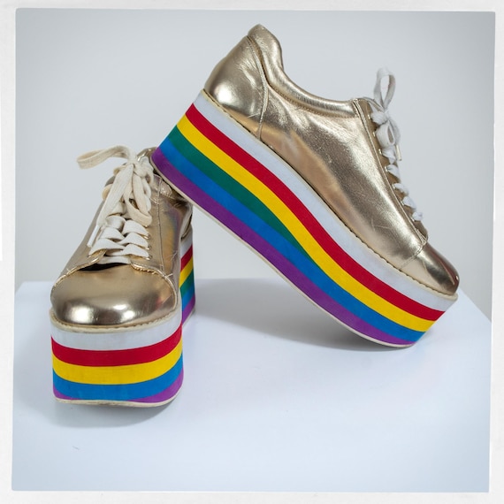 Gold Platform Shoes, Platform Rainbow Shoes, Retro 90s Platform Shoe, Rave Shoes, Huge Platform Shoes, Lace Up Platform Shoes, Sz 9, Pride
