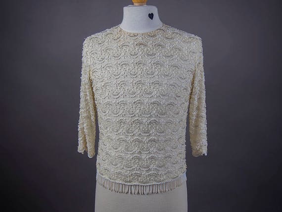 Vintage 60s Beaded Top, Elegant Heavy Beaded Top,