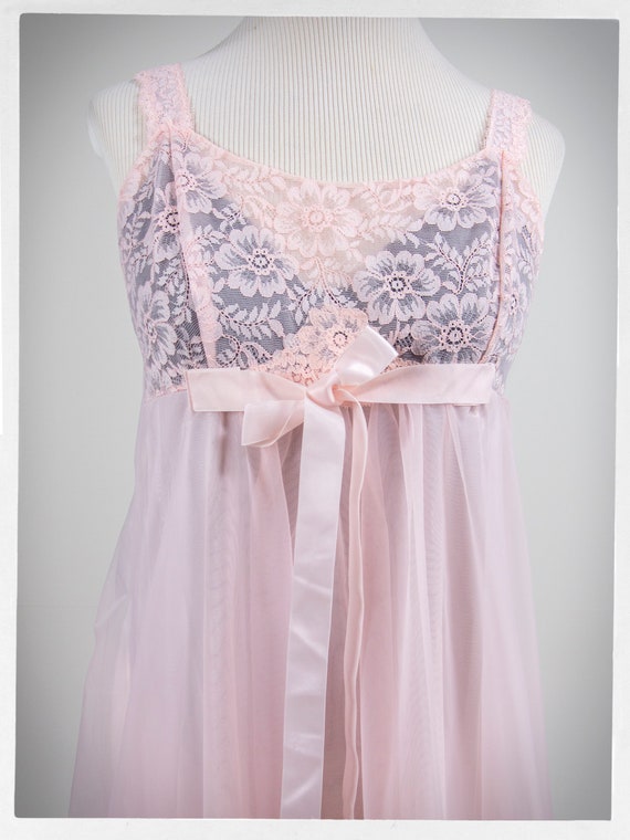 Vintage 60s Nightie, 60s Chiffon NEGLIGEE, Pink C… - image 3