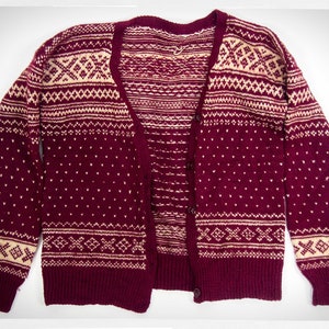 Hand Knit Sweater, Handmade Norwegian Cardigan, Boho Fashion, Street Fashion, Cozy Wool Cardigan, Burgundy Wool Cardigan, Handmade Sweater