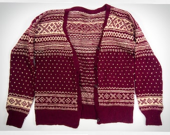 Hand Knit Sweater, Handmade Norwegian Cardigan, Boho Fashion, Street Fashion, Cozy Wool Cardigan, Burgundy Wool Cardigan, Handmade Sweater