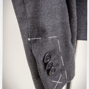 May include: A close-up of a dark gray blazer sleeve with three black buttons and white stitching.