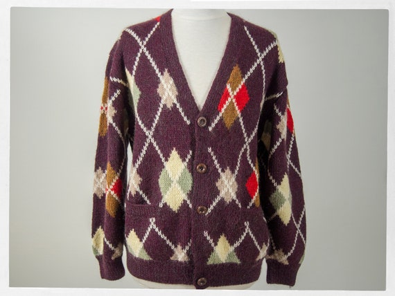 Wool Argyle Knit Cardigan, Vintage 70's Classic Am