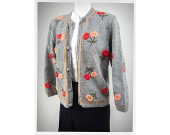 Grey Wool Cardigan — 70s-80s Embroidered Floral Knit Sweater, Small-Medium