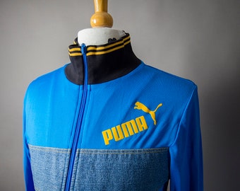 Vintage 90s Track Jacket, PUMA Track Jacket Denim and Jersey, Retro 90's PUMA Track Jacket with Denim Detail, Vintage Fashion, Vintage Sport