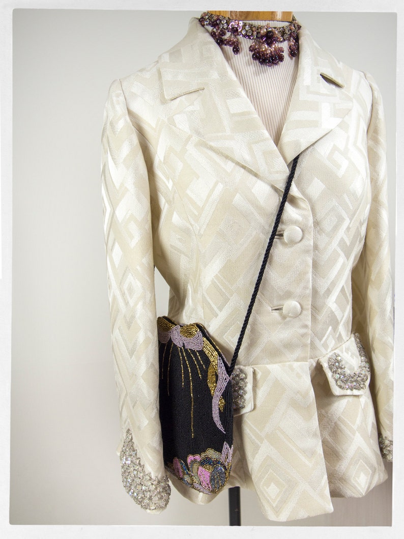 Vintage 80s beaded handbag in an ART NOUVEAU style, designed by HATO HASI, Japan. Luxury Resale Boutique. Online Consignment Store. Vintage Clothing for Ladies.