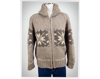 Hand Knit Wool Sweater, Cowichan Sweater, Street Fashion, Beige Wool Cardigan, Boho Fashion, Salish Wool Jumper, Hand Knit Cowichan Cardigan