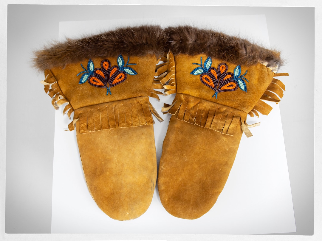Vintage Inuit Mittens, Moose Hide Gauntlets, Handcrafted Inuit Mittens