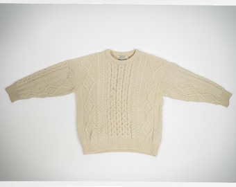 Irish Fisherman Sweater, 90s Hand Knit Wool, Thomas Keeling, Made in Ireland, Oversized