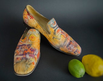 Vintage 90s Shoes, 90s DONALD .J. PLINER Shoes, Mens Ikat Silk Shoes, 90s Silk Shoes, Vintage Fashion, Luxury Fashion, Silk Opera Shoes