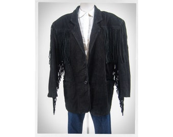 Veste en daim à franges Ada — Manteau western noir années 80-90, fabriqué en Corée, taille L femme