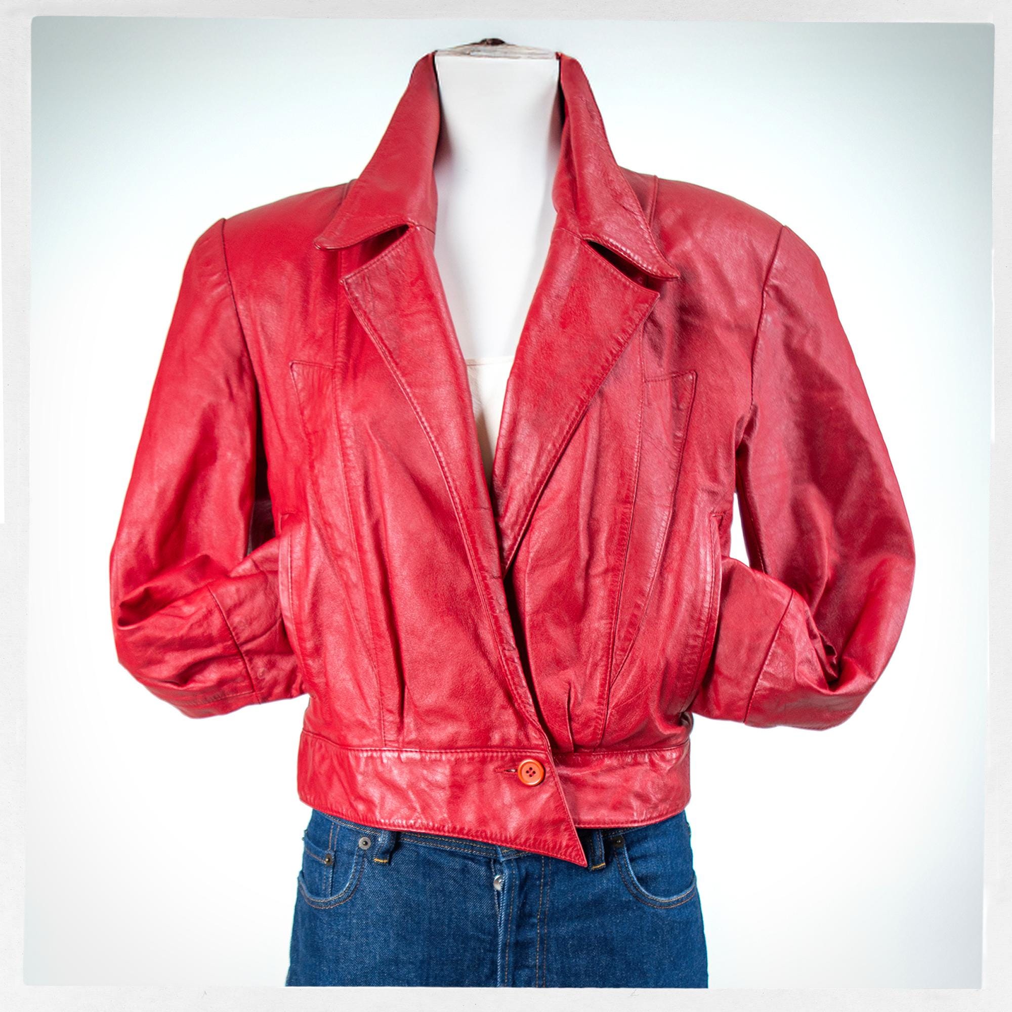 Retro 80s Leather Jacket, Vintage Fashion, Bright RED Bomber