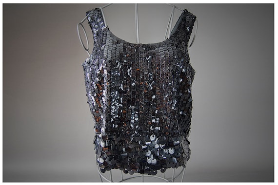 Vintage 60s Sequin Top, Vintage Black Sequin Top,… - image 1