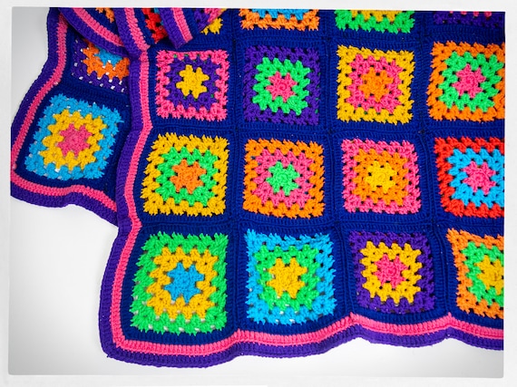 Retro 80s Crochet Blanket, Handmade Nylon Yarn Blanket, Hand Knit