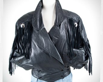 Blouson Moto Vintage En Cuir Noir Véritable Avec Franges - Taille S Femme, Occasion Très Bon état