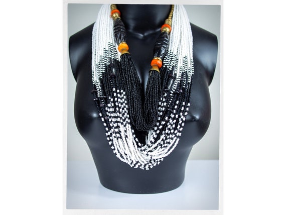 Statement Beaded Necklaces, Black and White Neckl… - image 1