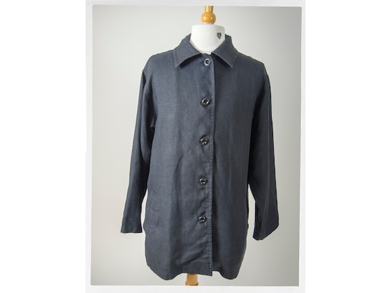 Vintage 90s Linen Chore Coat, Ladies Black Linen C