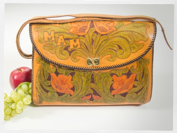 Vintage 70s PURSE, Western Tooled Purse, 70s Handmade Leather Bag