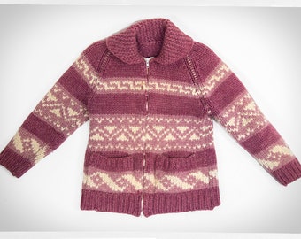 Retro Mary Maxim, Handmade MARY MAXIM SWEATER, Hand Knit Wool Sweater, Cowichan Sweater, Handmade Jumper, Pink Wool Cardigan, Boho Fashion