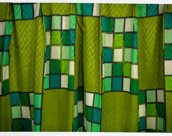 Vintage 70s Abstract Curtain Panels, Heavyweight Synthetic Fabric
