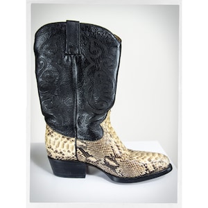 May include: A pair of cowboy boots with a black leather shaft and a snakeskin pattern on the foot. The boots have a pointed toe and a low heel.