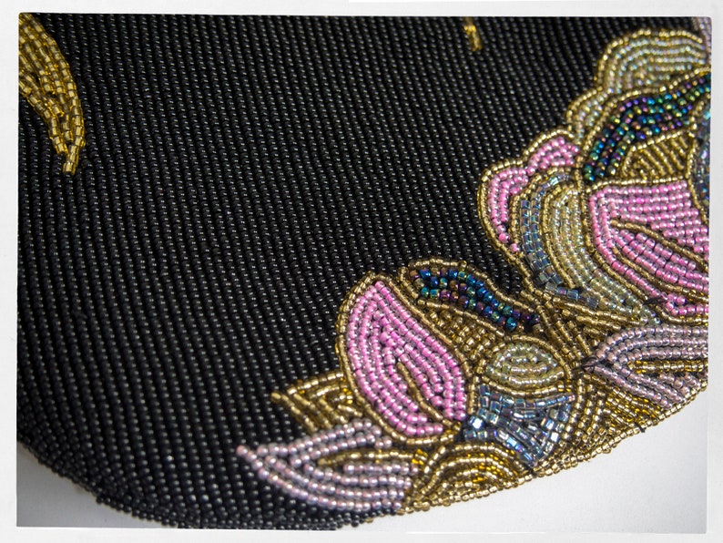 Vintage 80s beaded handbag in an ART NOUVEAU style, designed by HATO HASI, Japan. Luxury Resale Boutique. Online Consignment Store. Vintage Clothing for Ladies.
