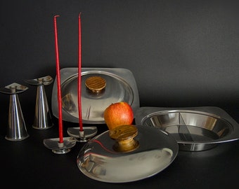 Vintage 60s utensilios de cocina, conjunto de cazuela de acero inoxidable, decoración de mediados de siglo, decoración moderna danesa, conjunto de servir danés, set de servicio moderno de los años 70