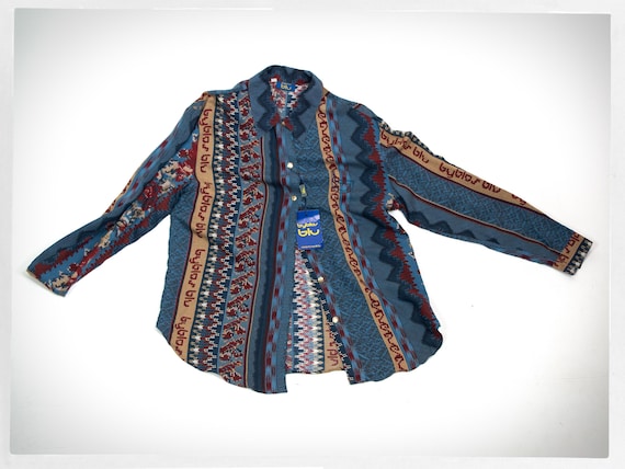 Byblos, Byblos Blu Blouse — 90s Italian Designer Geometric Print, Viscose, EU 42