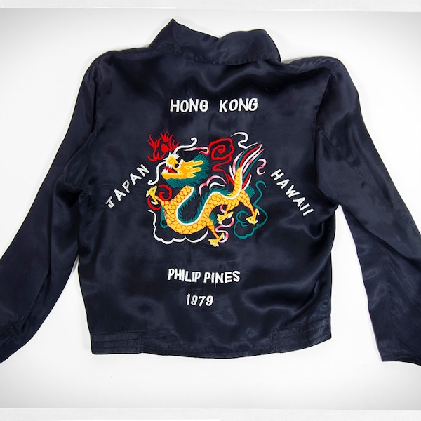 Retro 70s Souvenir Jacket, Asian Bomber Jacket, Satin Bomber Jacket, Vintage Fashion, Satin Embroidered Jacket, JAPAN HONG KONG Satin Jacket