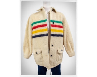 Vintage 70s Coat, 70s HUDSON BAY Blanket Coat, 70s Trading Blanket Coat, Wool Striped Blanket Coat, Made in Canada, Vintage Canadiana Coat