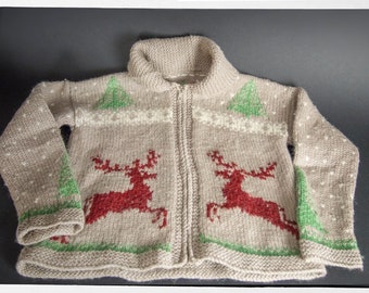 Vintage 80s Knit Sweater,  Hand Knit Wool CHILDS Sweater, Retro "MARY MAXIM" Jumper, Rain Deer Pattern Jumper, 80s Wool Sweater