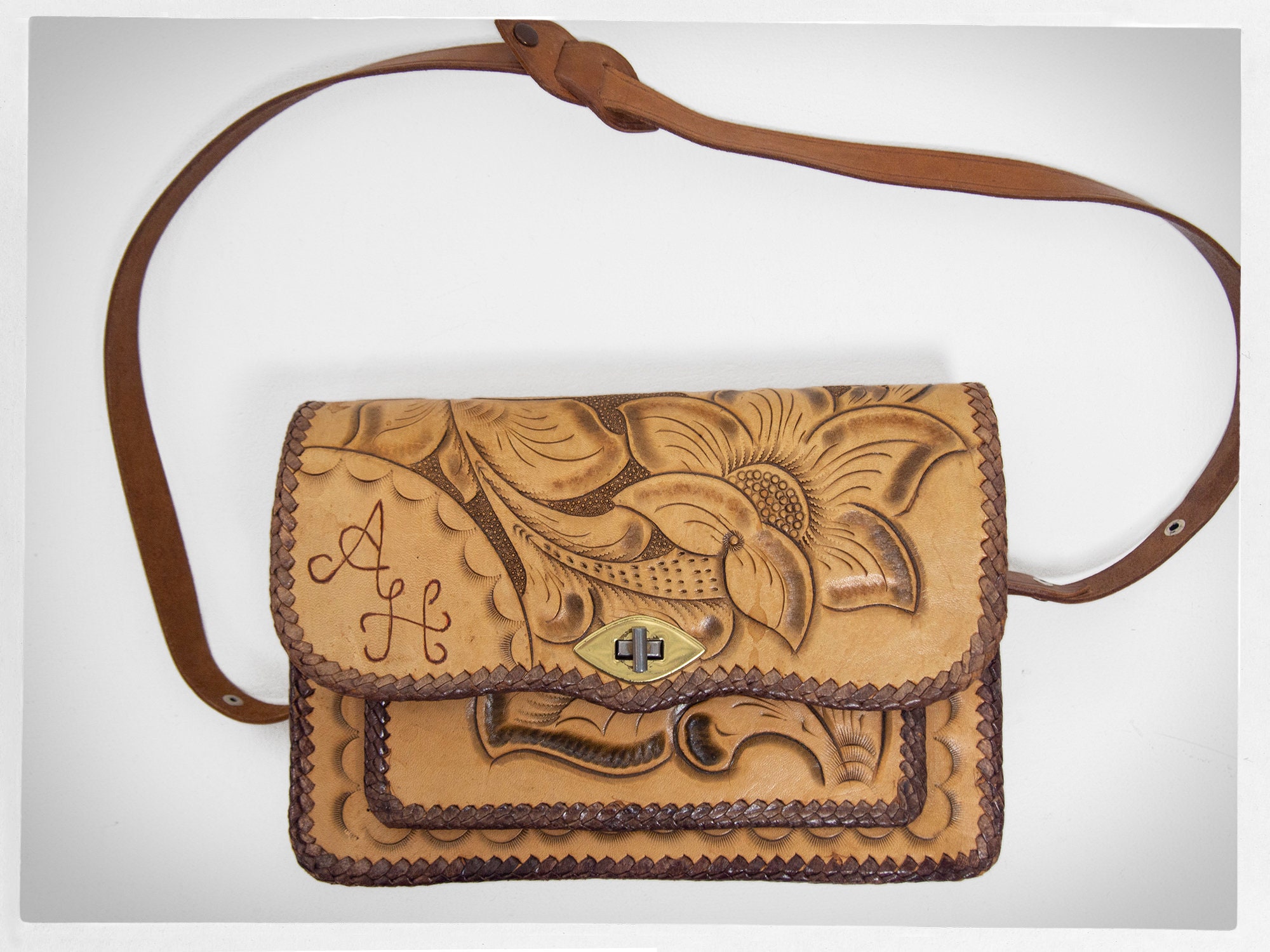 Vintage 80s PURSE, Western Tooled Purse, 80s Handmade Leather Bag