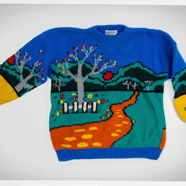 80s Wool Knit Jumper, 90s Landscape Wool Pullover, Vintage Fashion, Wool Landscape Jumper, Colourful Wool Jumper, Boho Fashion, Statement