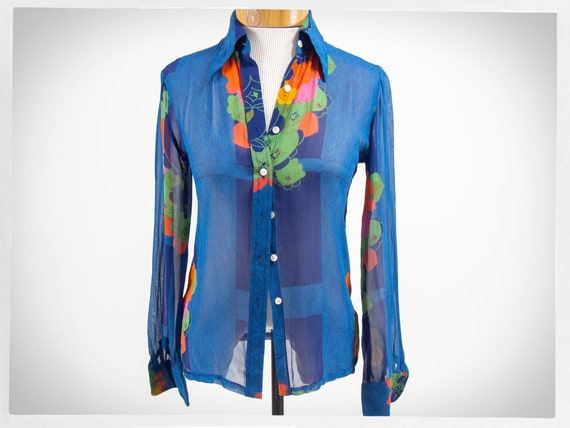 Vintage 70s Shirt, 80s Silk Blouse, Floral Silk Bl