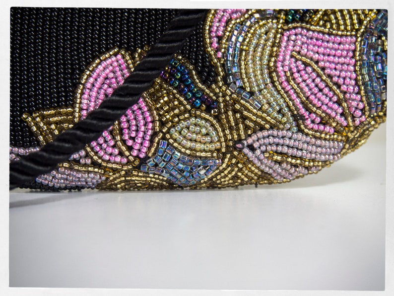 Vintage 80s beaded handbag in an ART NOUVEAU style, designed by HATO HASI, Japan. Luxury Resale Boutique. Online Consignment Store. Vintage Clothing for Ladies.