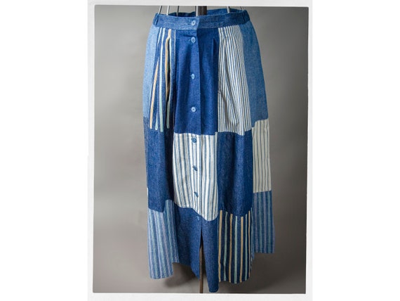 Vintage 70's Denim Skirt in Patchwork Cotton,Super