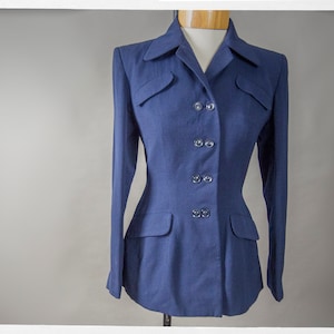 Custom 40s Wool Blazer — Double-Breasted Fitted Jacket, Blue Satin Lined, Blazer size Small