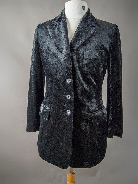 Retro 80s Velvet Jacket, Black Silky Jacket, Fitte