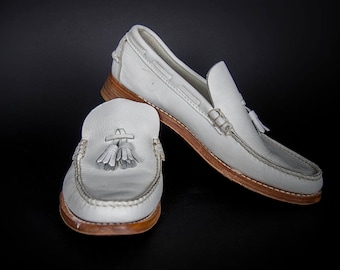 Vintage 50s  Men's Shoes, 50s White Shoes, Leather Handcrafted Preppy 60s Penny Loafers, Retro 60s  Preppy Shoes, White Tassel Loafer