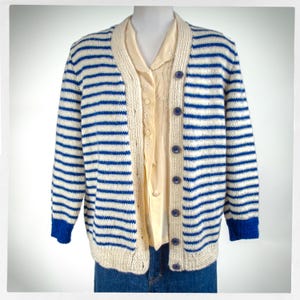 Retro 90s Cardigan, Hand Knit Cardigan, Vintage Fashion, Nautical Cardigan, Blue Stripe Cardigan, Y2K Fashion, Boho Chic Fashion, Knit Wool