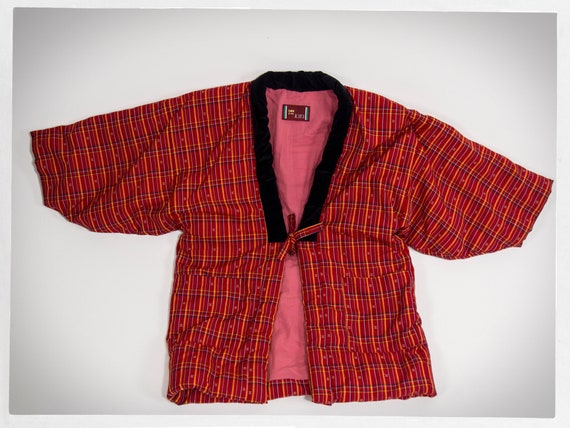 Plaid Kimono Coat, Japanese Puffy Kimono, Red Plai