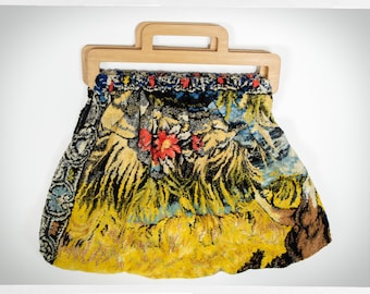 Sac fourre-tout artisanal style années 60, anses en bois, style bohème