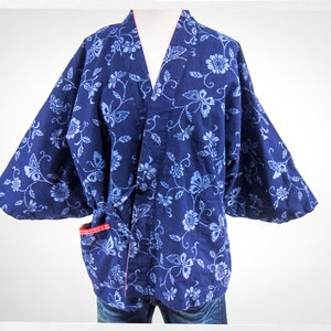 Vintage Kimono, Cotton Half Kimono, Cotton Haori, Japanese Robe, Cotton Asian Robe, Indigo Jacket, Japanese Fashion, Floral Kimono Jacket