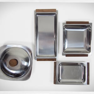 Retro 70s Kitchenware, Mid Century Decor, Modern Stainless Serving Set, Danish Modern Decor, Stainless Steel, Metal and Teak Serving Trays