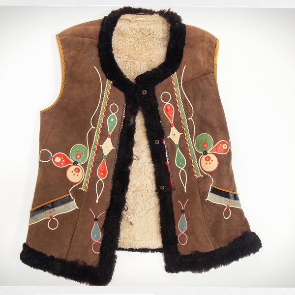 Vintage Folk Art Vest, Sheep Skin Vest, Ukrainian Vest, Handmade Folk Vest, Vintage Fashion, Eastern European Vest, Embroidered Leather Vest