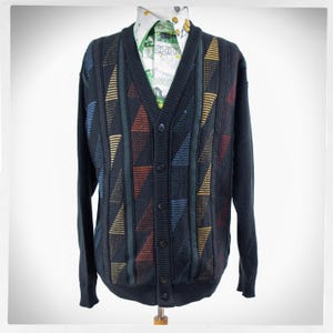 70s Knit Men&#39;s Cardigan, Italian Cardigan, Y2K Mens Cardigan, 80s Abstract Sweater, Mens Vintage Fashion, Street Style, Preloved Mens Wear