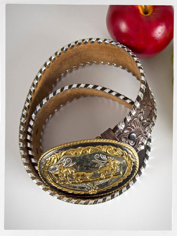 Vintage 80s Western Belt, 80s Cowboy Buckle, 80s R