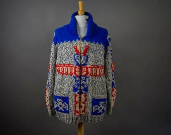 Vintage 60s Sweater, Mary Maxim Jumper, Totem Pole Sweater, Vintage 60s Hand Crafted Sweater,  Cowichan Sweater, Retro Canadiana Sweater