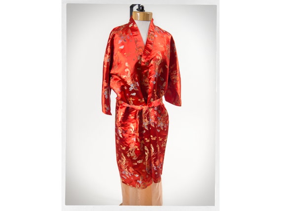 Retro 80s Robe, Vintage Satin Robe, Asian Dressing