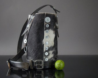 Handmade Satchel, Bohemian Cowhide Shoulder Bag, Chic Boho Leather Bag, Handcrafted Found Objects Cowhide Hobo Bag